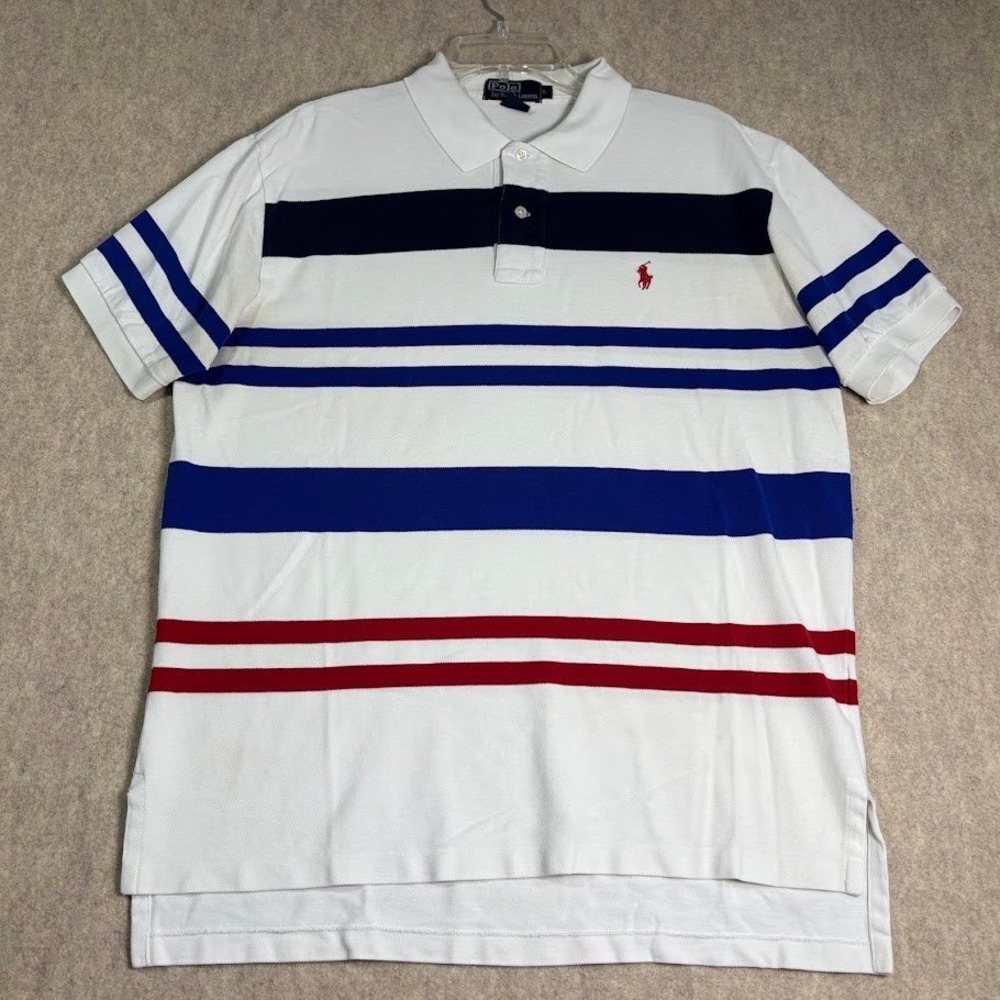 Polo Ralph Lauren Shirt Mens L White Cotton Striped Short Sleeve Preppy Classic